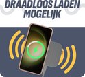 Roze telefoonhoesje op een draadloze oplader met de tekst 'Draadloos laden mogelijk'.