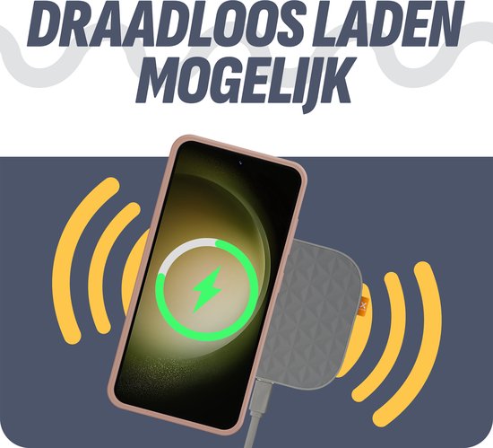 Roze telefoonhoesje op een draadloze oplader met de tekst 'Draadloos laden mogelijk'.