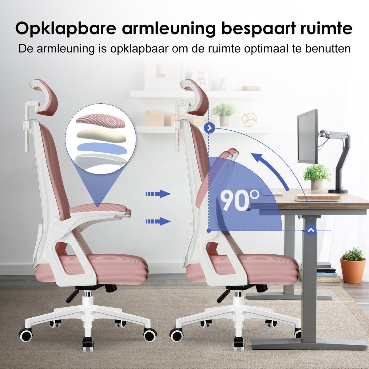 Hiaonyx bureaustoel-ergonomische bureaustoel-bureaustoelen voor volwassenenOpklapbare armleuningen-2D lendensteun-Maximale kanteling 135°-Roze thumbnail 6