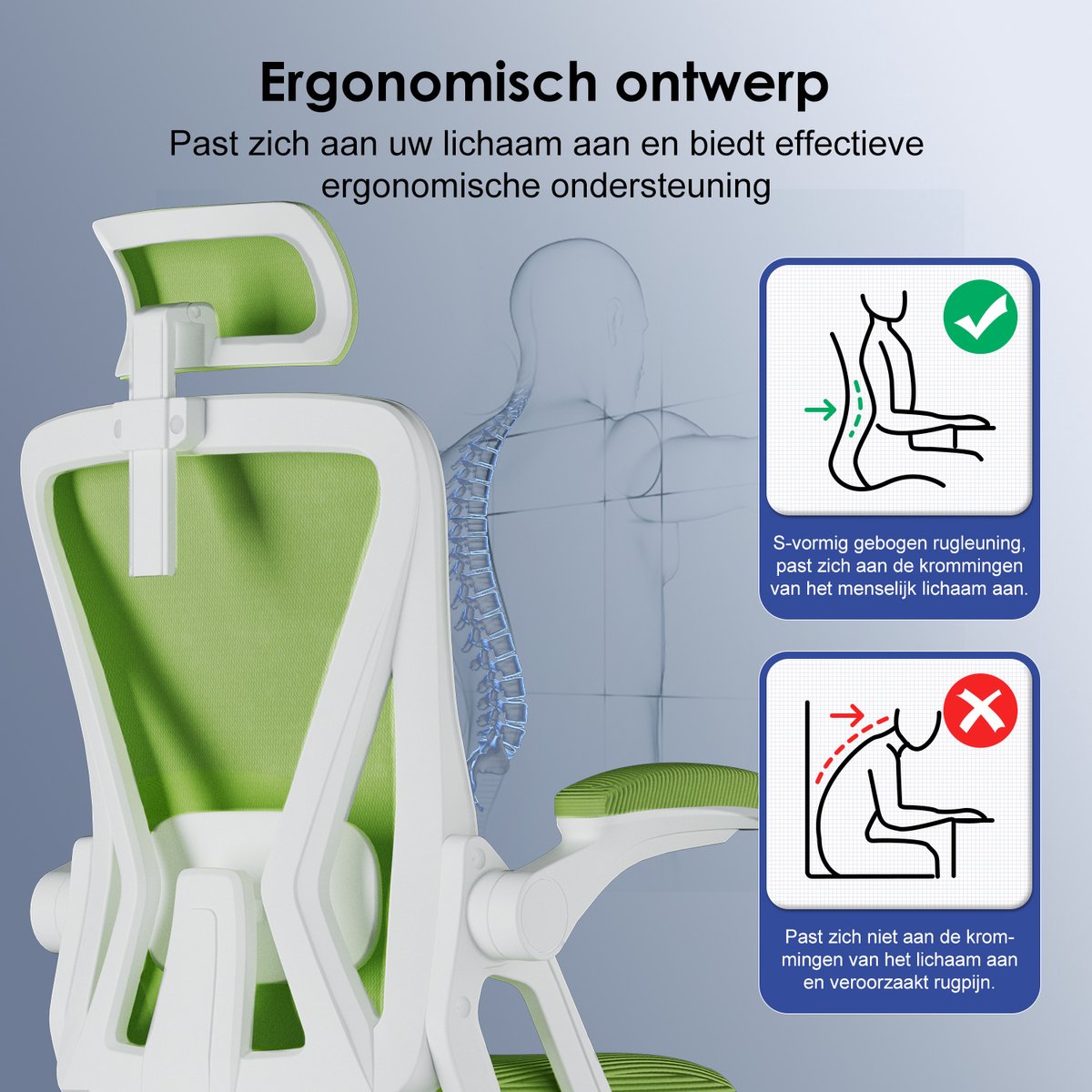 Hiaonyx bureaustoel-ergonomische bureaustoel-bureaustoelen voor volwassenenOpklapbare armleuningen-2D lendensteun-Maximale kanteling 135°-Groente thumbnail 4