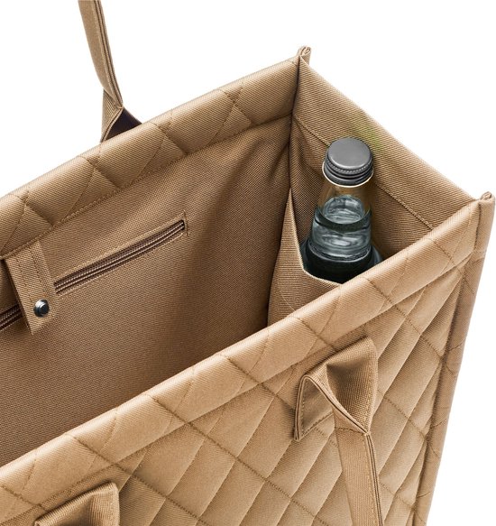 Bruine shopper tas met ruitpatroon. Binnenzijde met vakjes, ritsvak en flessenhouder.