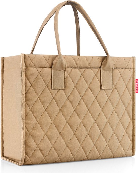 Bruine shopper tas met ruitpatroon, hengsels en rood Reisenthel label.