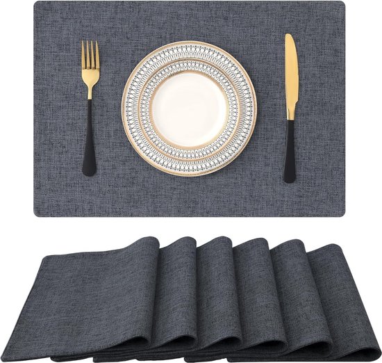 Set van 6 placemats, afwasbaar, linnen, hittebestendig, antislip, dubbelzijdig, stof, antraciet
