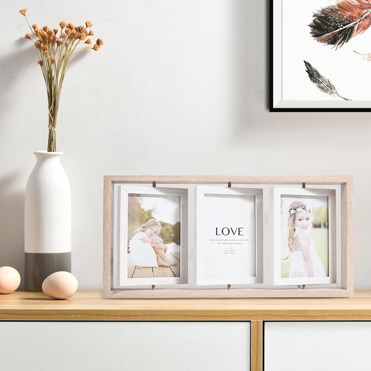 Elitecran Fotolijsten, 3 vouwen, rustiek hout, 10,2 x 15,2 cm, zwevende houten fotolijst, dubbelzijdig display, draaibaar, meervoudige collage, hout, moderne foto's voor fotolijsten, fotocollage