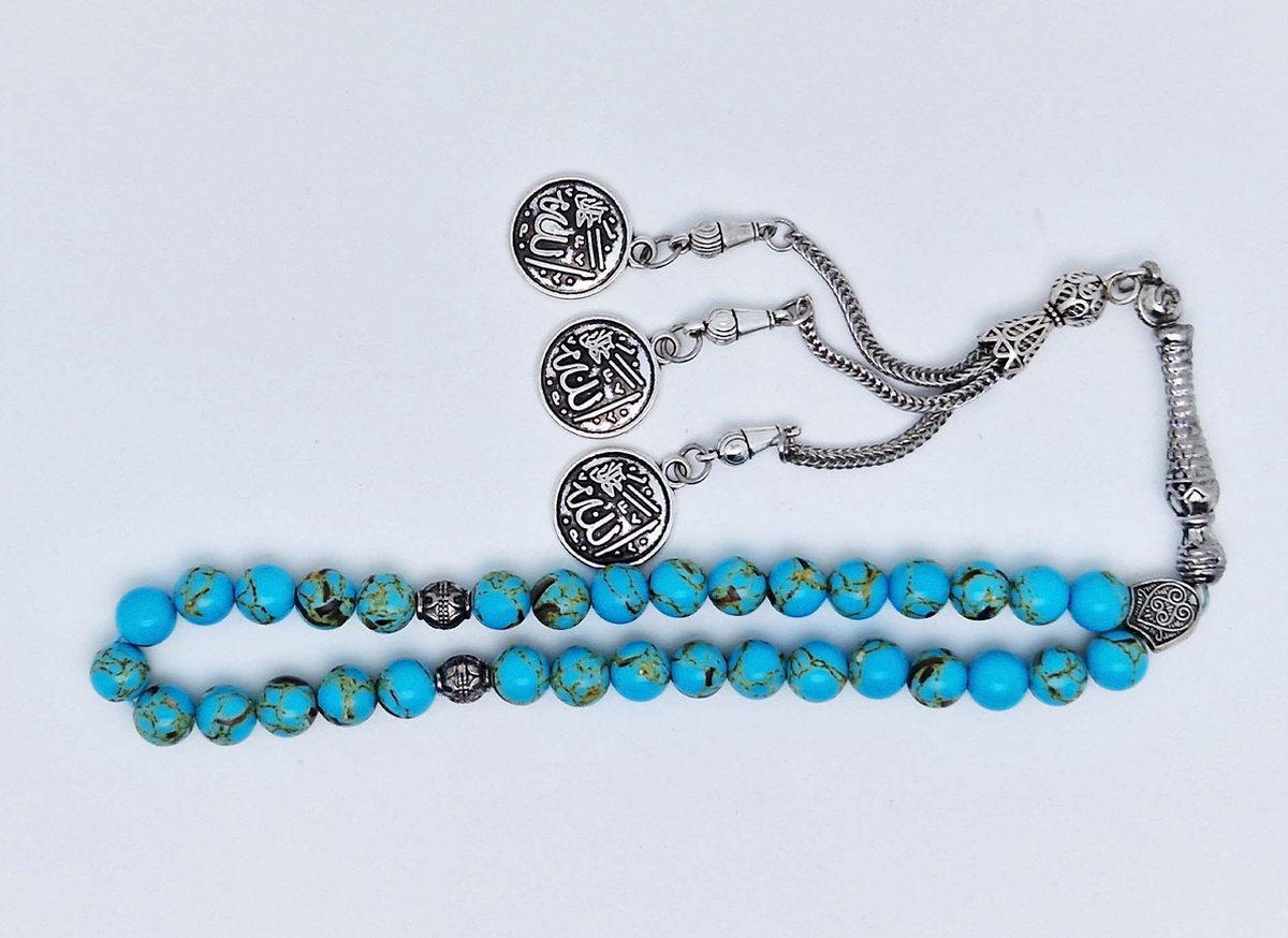 Handgemaakte tesbih klassiek - "Tasbih" natuursteen " Turkoois bakeliet" - Aantal kralen 33 - Diameter kralen 8 MM - met metaal tassel "Allah jala jalaluh" - Een mooi cadeau-idee
