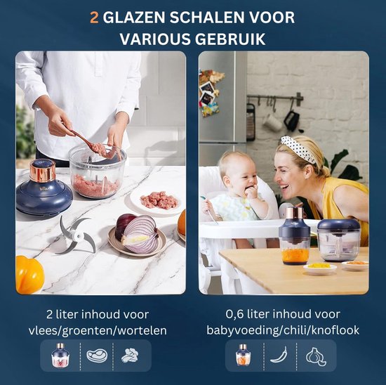 White-Label® Elektrische Groentesnijder Multifunctioneel - Vleesmolen - Gehaktmolen - Uiensnijder - Blauw met Transparant — afbeelding 3