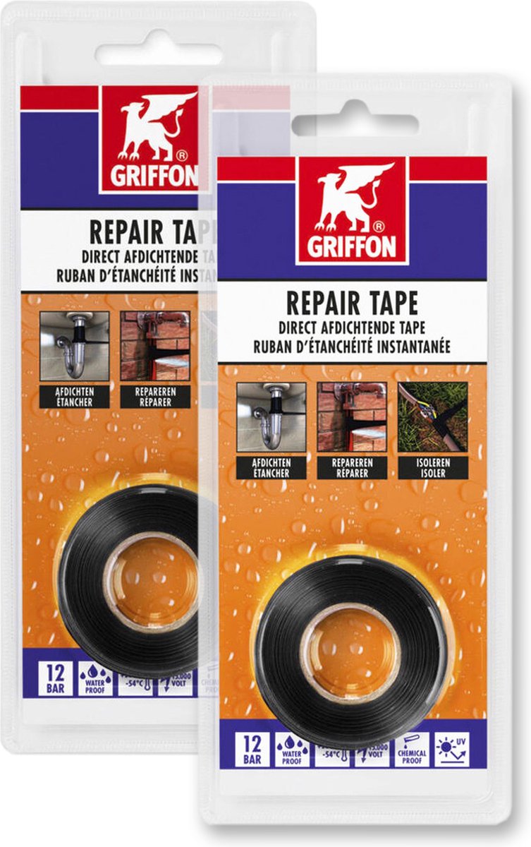 Griffon reparatietape zwart - 25mm. x 3m - 2 stuks