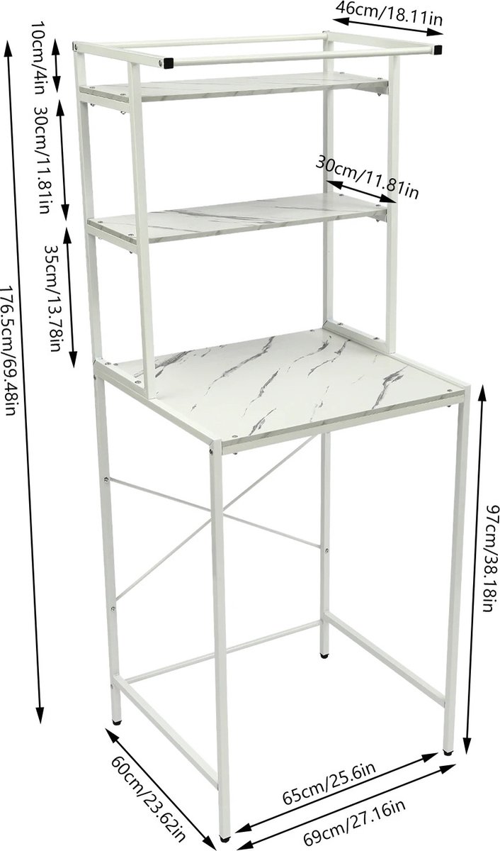 Wasmachinerek - Opbergrek Badkamer - Ruimte Besparen - 3 Gelaagde Plank - 69x60x176.5 CM - Wit Marmer