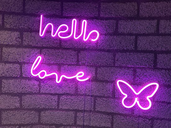 Appliques LED avec lumière néon - Set de 3 pièces - Hello / Love / Butterfly - néon rose - Fonctionne sur batterie et/ou USB - Applique - Éclairage décoratif - Accessoires de maison