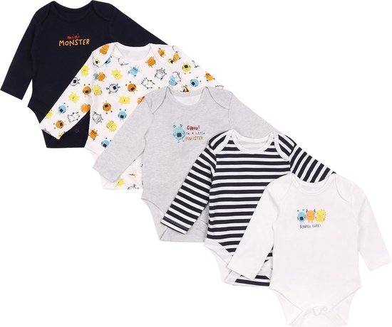 5x OEKO-TEX katoenen blauw-witte Monster romper