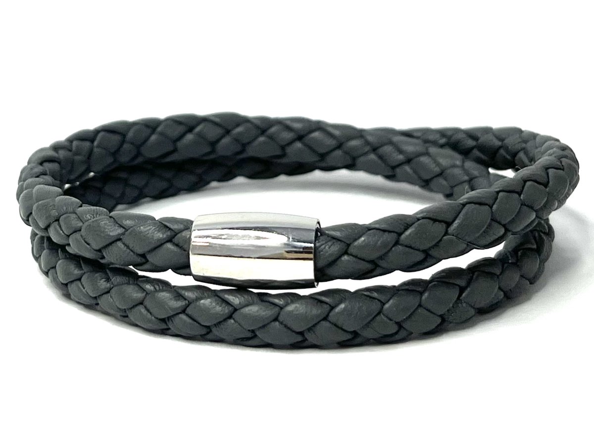 NIEUW! Jolla - dames armband - magneet - staal - gevlochten leer - Braided Steel - Donker Grijs
