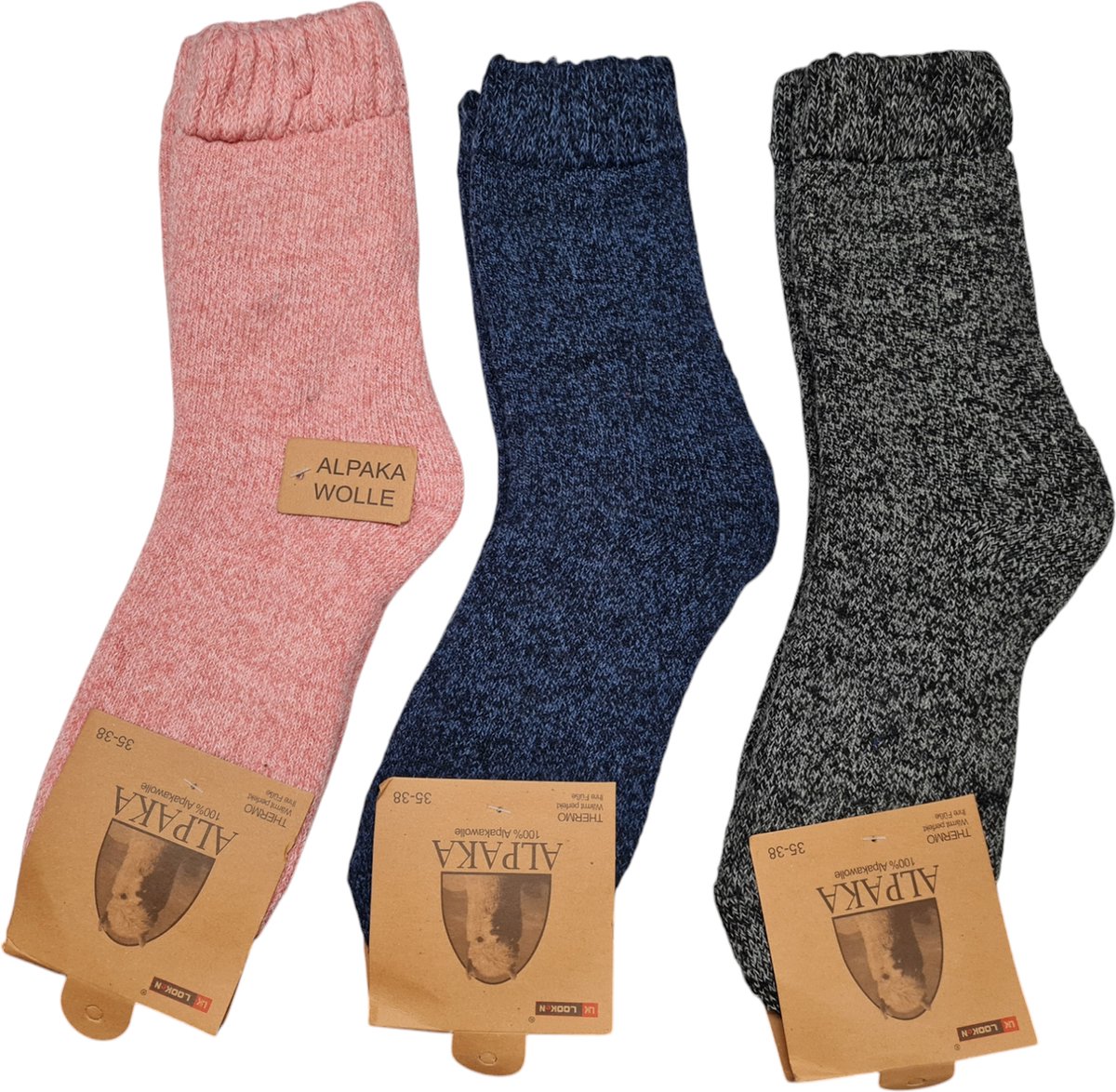 Alpaca Wollen Sokken- Huissokken - Wintersokken - Thermosokken - 3Pack - Roze Blauw Grijs - 35-38