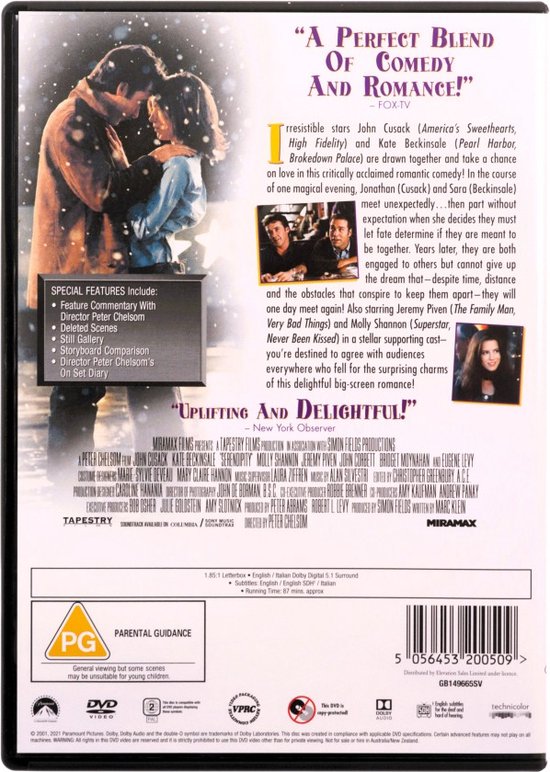 Achterkant van de dvd Serendipity met John Cusack en Kate Beckinsale die elkaar in de sneeuw omhelzen.