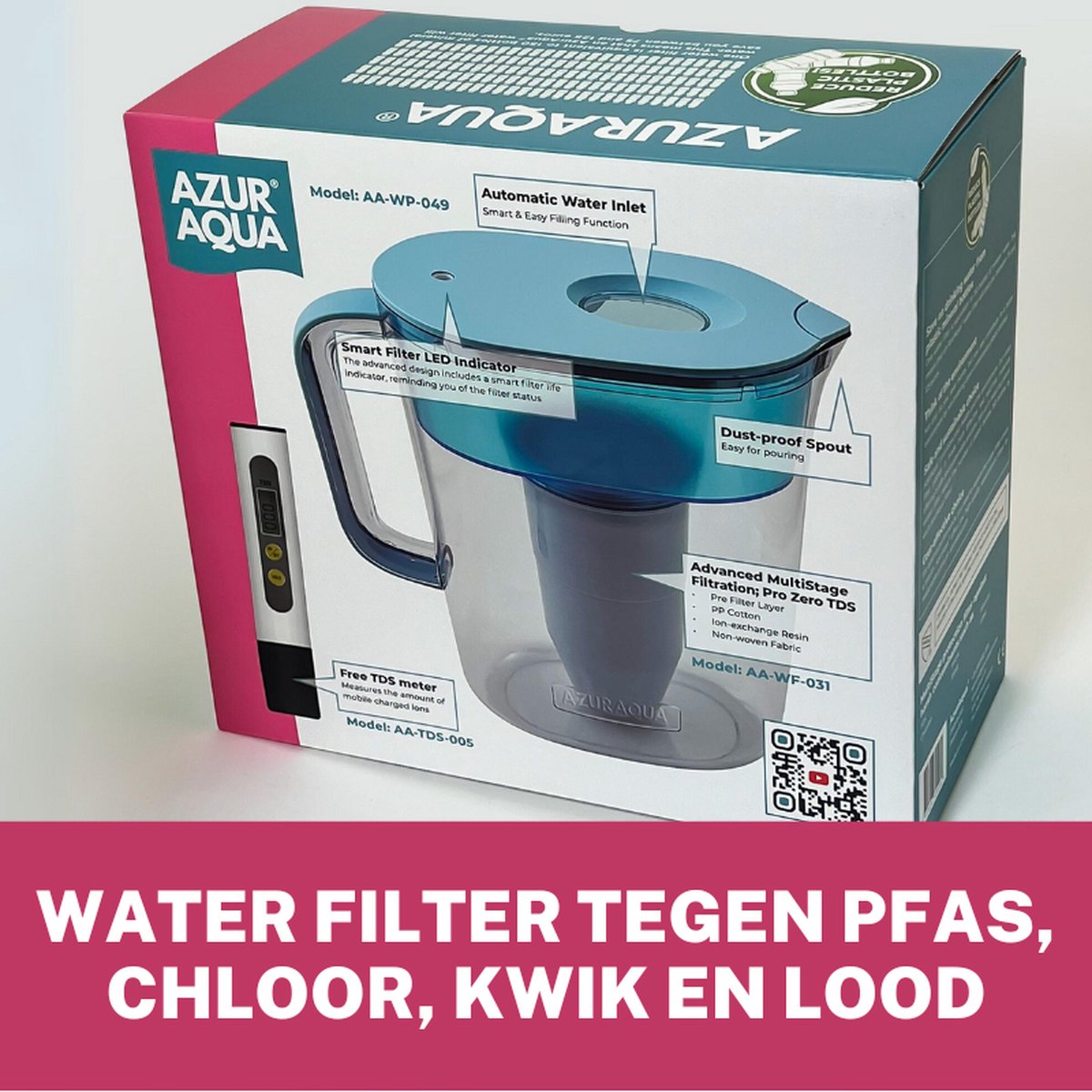 Verwijder PFAS, Kwik, Lood en Chloor - Waterkan met Filter - PRO Multistage Waterfilter 2.4 Liter - Verlaag TDS naar 0 - 2,4 L met Multistage Pro Filter