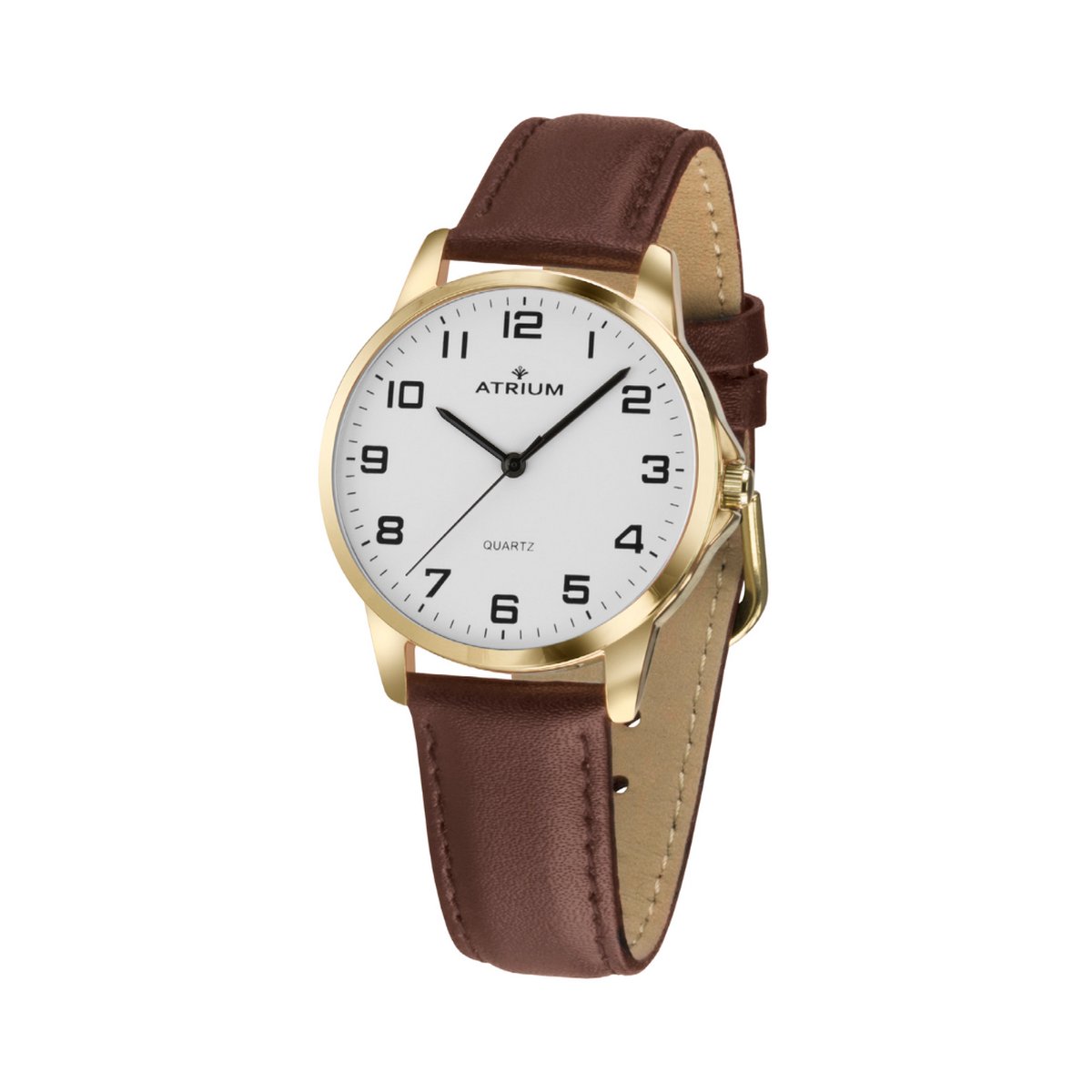 ATRIUM Horloge - Dames - Analoog - Goudkleurig - Donker Bruin Leer - Band Verstelbaar: 15-20 cm - Duidelijk Leesbaar - Ø 27 mm - 3 Bar - A37-27
