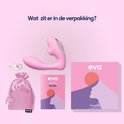 Inhoud van de verpakking: roze vibrator, opbergzakje, USB-kabel, handleiding en doos van 'eva Queen Pro'.