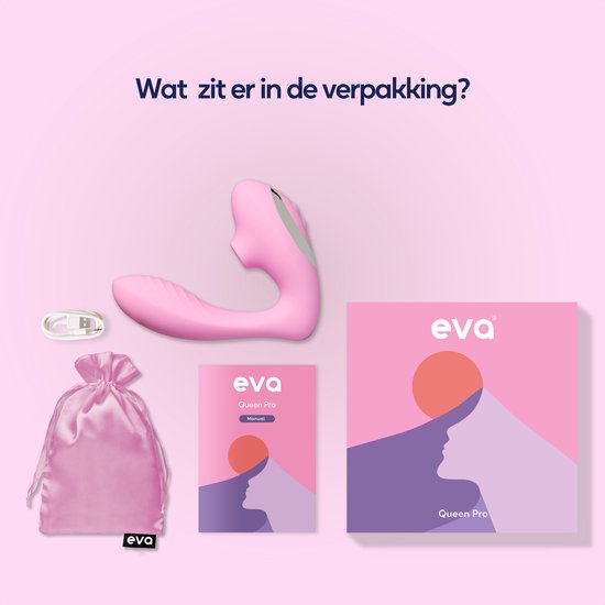 Inhoud van de verpakking: roze vibrator, opbergzakje, USB-kabel, handleiding en doos van 'eva Queen Pro'.