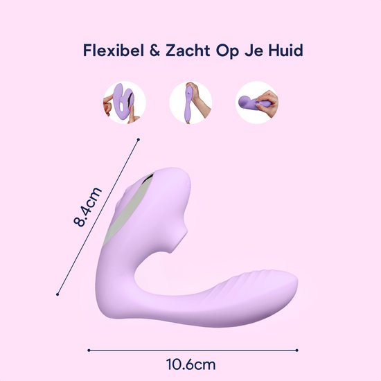 Paarse vibrator, afmetingen 8.4cm x 10.6cm. Flexibel en zacht.