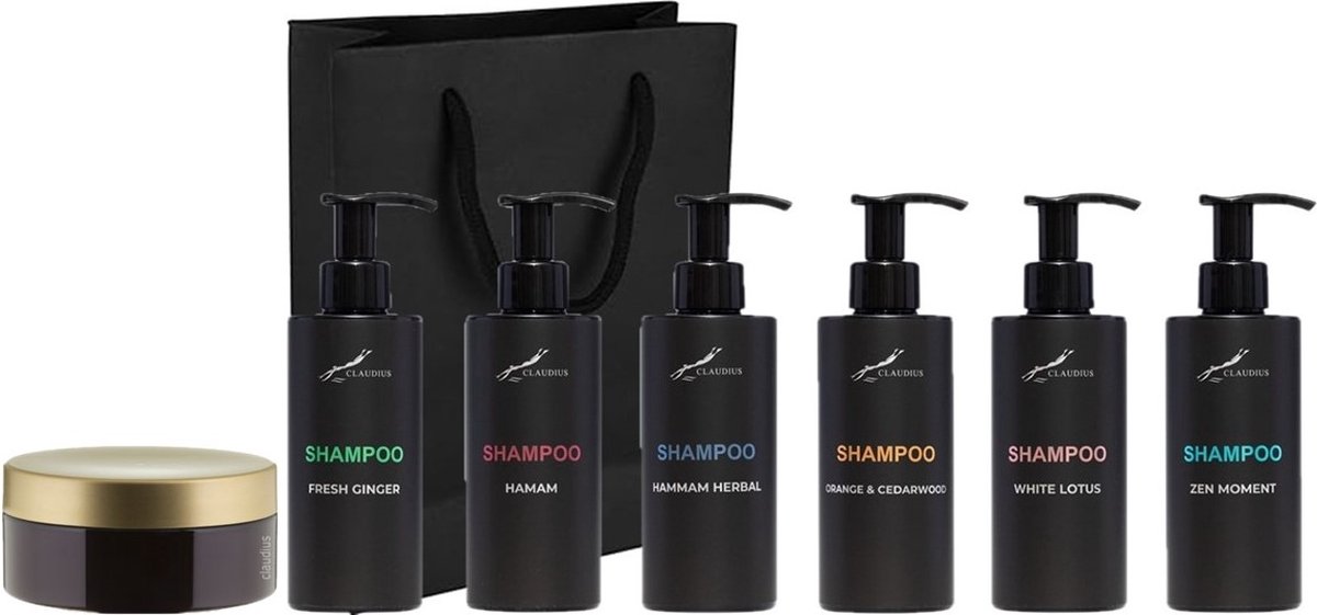 Goedkoopste Shampoo Set - Fresh Ginger Hamam Hammam Herbal Sweet Orange & Cedarwood White Lotus Zen Moment en Scrubzout 300 gram - Claudius Cosmetics - bodycare - met luxe gift tas - set van 7 stuks - Kerst Cadeau - giftset voor hem en haar
