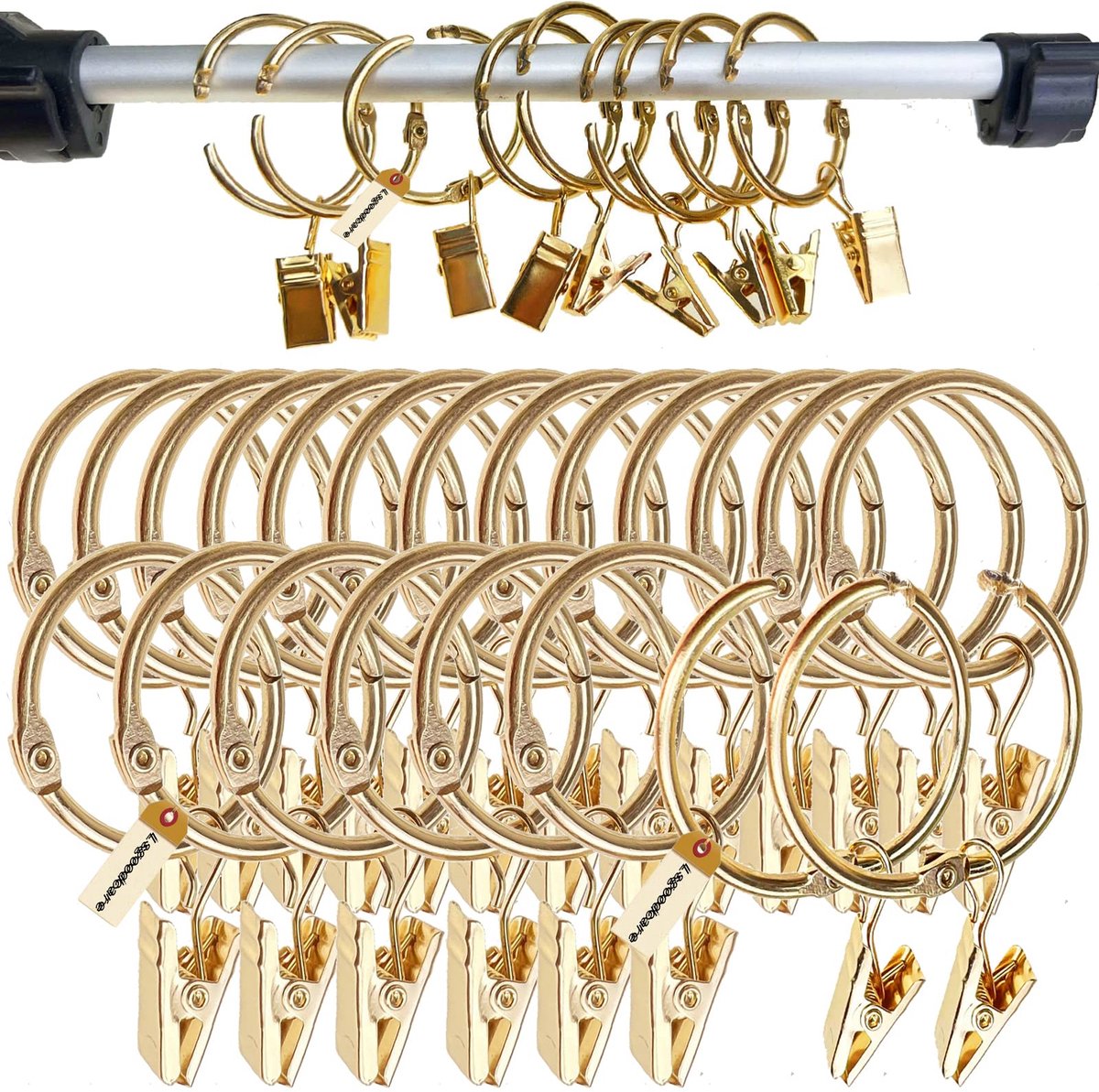 La'Moussawi ® Decoratieve Gouden Gordijnringen met Clips voor Badkamer en Ramen, Set van 30 Stuks