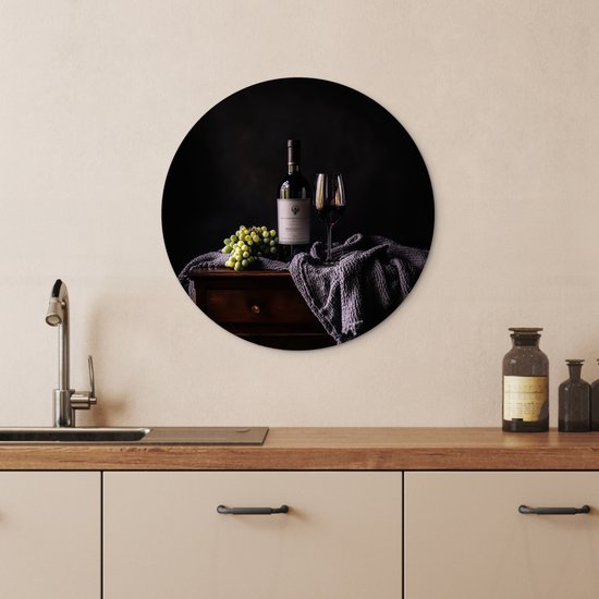 WallCircle® Wandcirkel 60x60 cm - Muurcirkel Druiven - Wijn - Rood - Tafel - Muurdecoratie woonkamer - Wanddecoratie keuken - Kamer decoratie accessoires - Ronde schilderijen