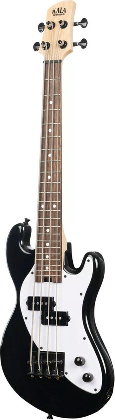 Zwart Kala U-Bass elektrische basgitaar met witte slagplaat, nek en toets met witte stippen.