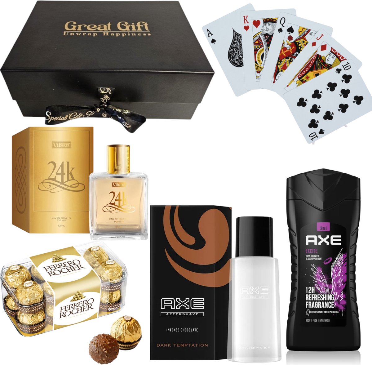 Goedkoopste GreatGift - Luxe Cadeaupakket Gold Edition - Whiskey cadeau -Voor Hem- AXE Verzorging, Whiskey douche gel, 24K Gold Parfum & Ferrero Rocher in Luxe Magneetbox