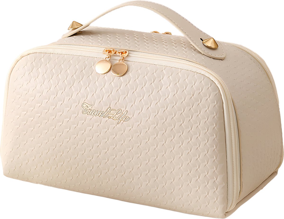 Rainbecom - Reis Cosmetische Toilettas - Wit - Make Up Koffer 25x14x13 cm - Draagbare Leren Organizer - PU Opbergtas Geruite Reliëf - Grote Capaciteit Reis Opbergtas - PU-Leer - Waterdichte Vrouwen Meisjes Beautycase - met Handvat - Geometrische Prin