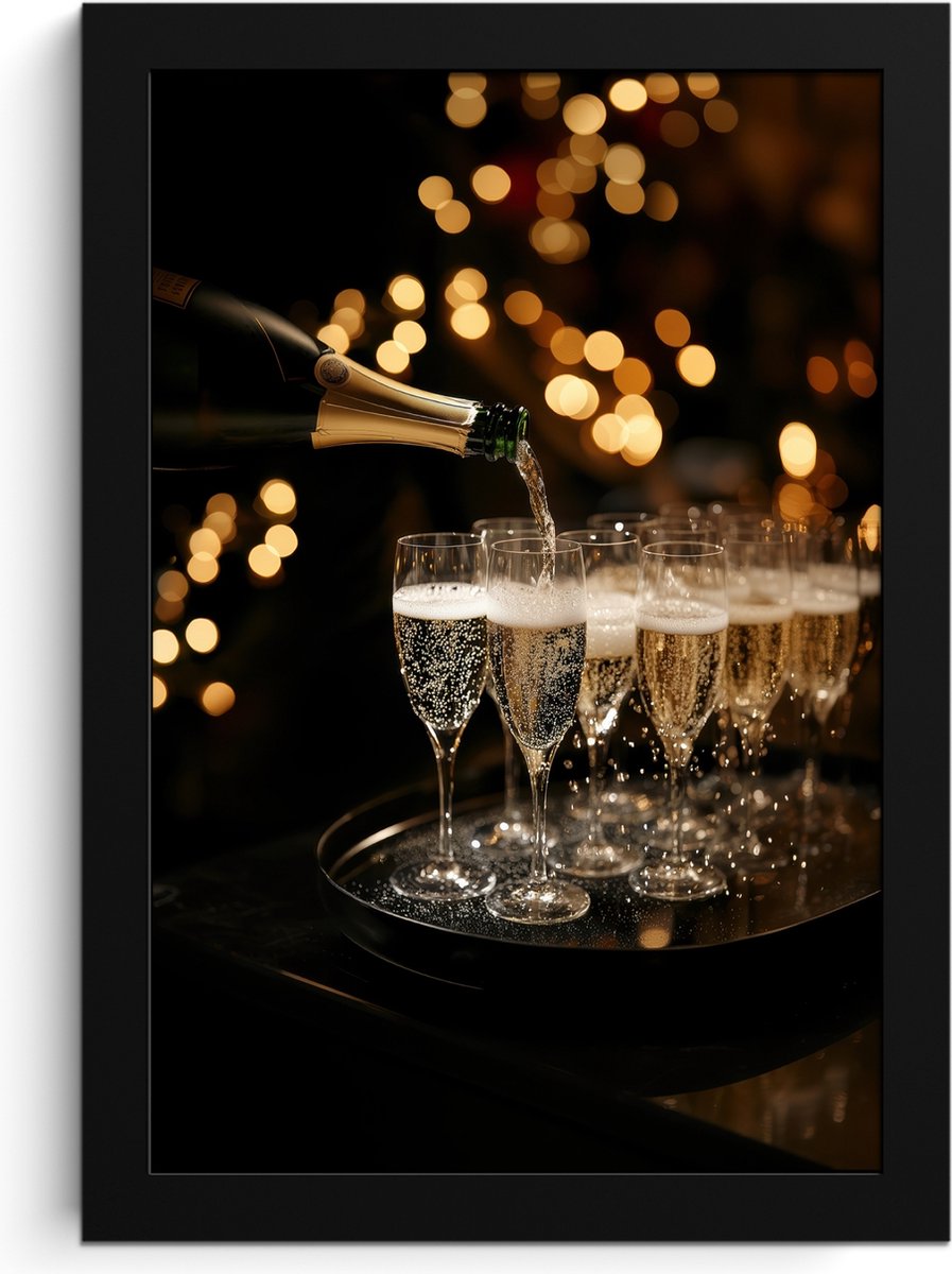FrameYourWall Fotolijst inclusief poster - Posterlijst 20x30 cm - Posters - Lichtjes - Champagne - Dienblad - Glazen - Foto in lijst - Keuken decoratie muur - Wanddecoratie accessoires - Muurdecoratie - Schilderijen Champagne - Glazen