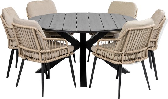 Foto: 7 delige ronde tuinset 6 isabel tuinstoelen sand 150cm cyprus tuintafel grey 