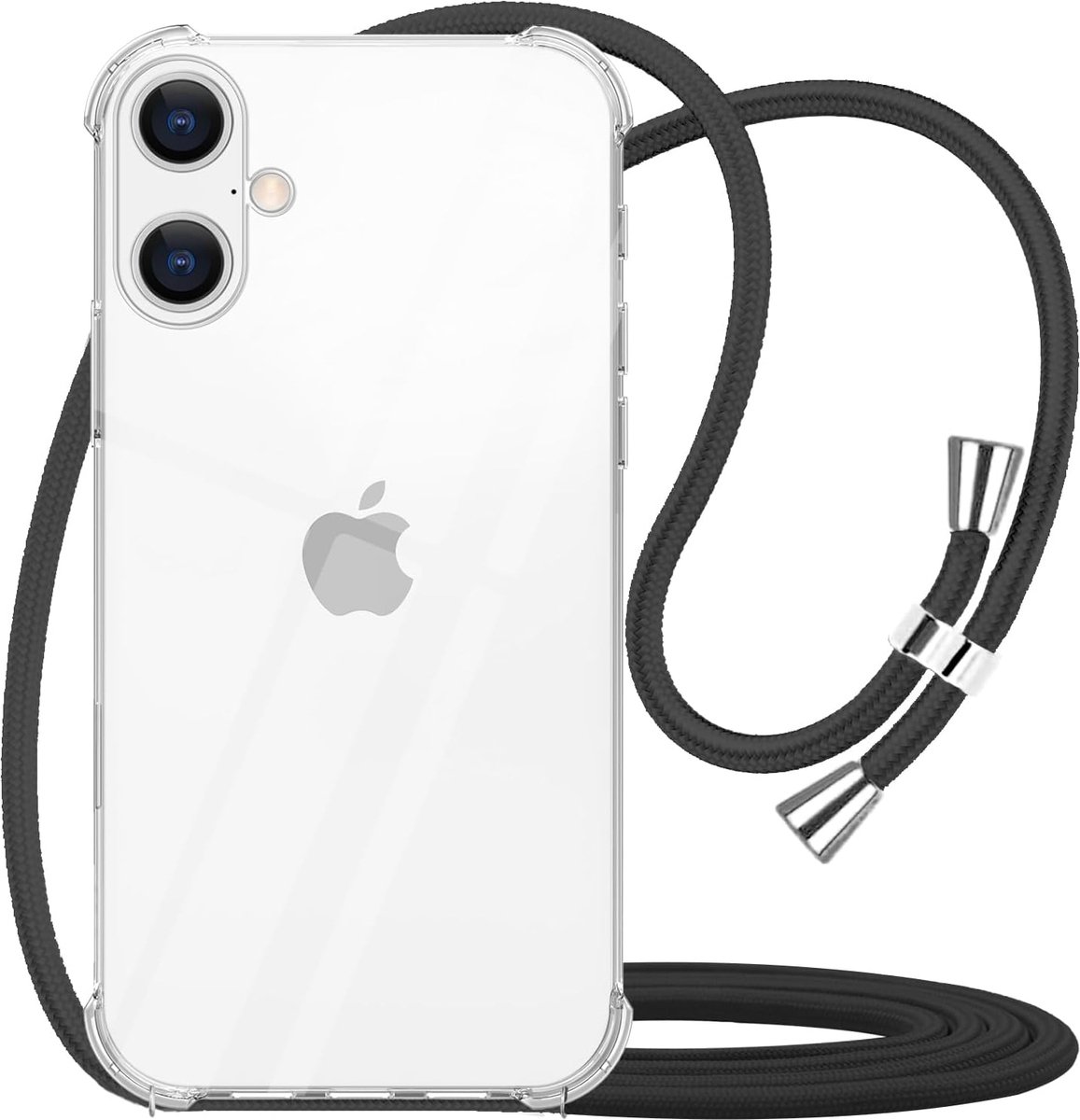Hoesje met Koord geschikt voor iPhone 16 Plus Transparant - Doorzichtig Roze Shockproof Koord hoesje geschikt voor iPhone 16 Plus - Hoesje met touw - Zwart touw