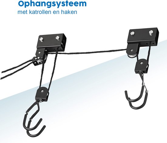 ProPlus Fietslift - XL - Ophangsysteem voor Fiets, Ladder en Dakkoffer - Met katrollen – Tot 57 kg - Plafondbevestiging – Haken met rubberen afwerking – Ook voor Kajaks en Ladders – Zwart