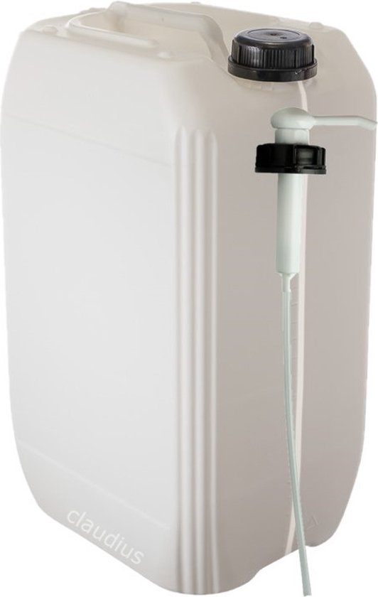 Witte 25 liter jerrycan met pomp, dop en zichtstreep.