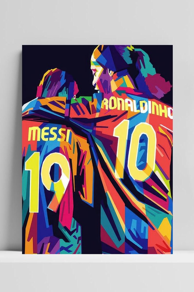 Ronaldinho - Lionel Messi - 3mm DIBOND - Premium Kwaliteit - posters - formaat 60x90cm - Voetbal - Legendes - Sport - Voetballers - Metalen Wanddecoratie - Muurdecoratie - Luxe - Decoratie - Metalen Wandbord - DB723 - Industrieel Premium