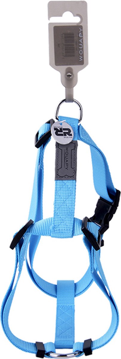 wouapy hondenharnas blauw- 15 mm x 43/65 cm (borst) - traploos verstelbaar.