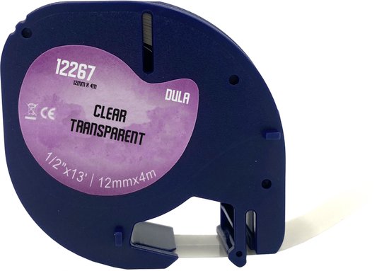 DULA® plastique Étiquettes 12267 pour Dymo LetraTag Label Printer - Zwart sur Transparent - 12 mm x 4 m - S0721530 Tape pour étiqueteuse - 10 Pack