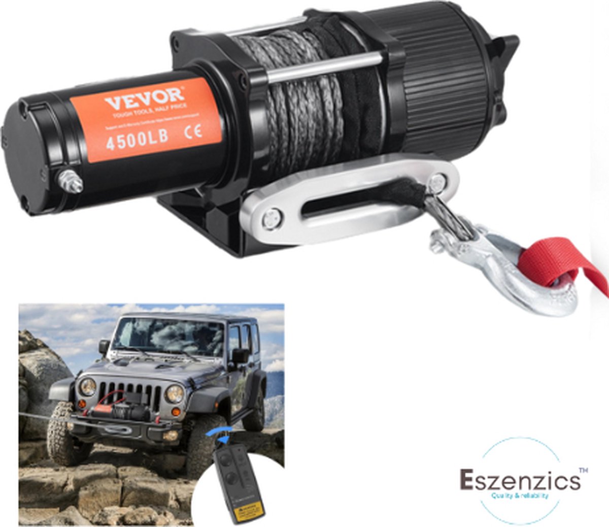 Eszenzics™ Elektrische lier Pro7 - Staalkabel - Draadloze afstandsbediening - Krachtige kopermotor - 2.2PK - Tot 2040 kg - 12V - 5.5Nm - IP55 waterdicht