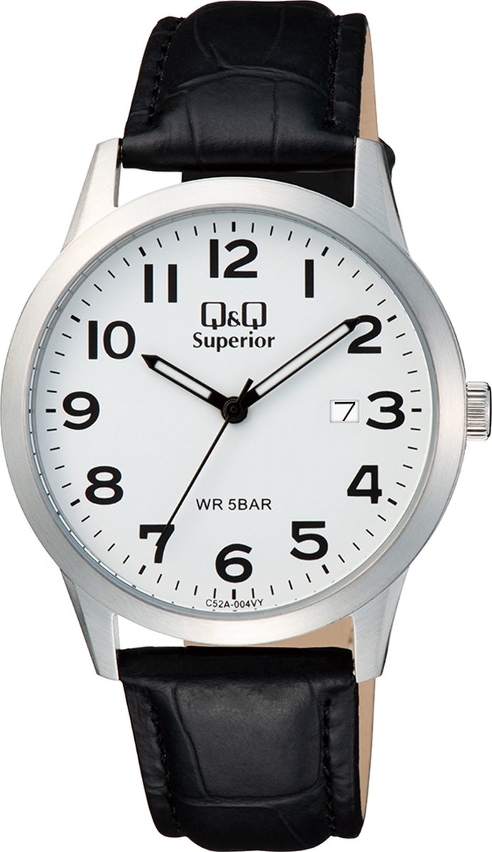 QQ C52A-004VY - Horloge - Polshorloge - Heren - Mannen - Analoog - Leren band - Rond - Metaal - Cijfers - Datumaanduiding - Zwart - Zilverkleurig - Wit