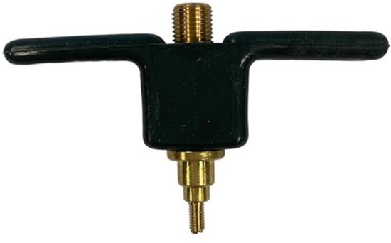 Zwart gereedschap met handgrepen en messing ventielcomponenten.