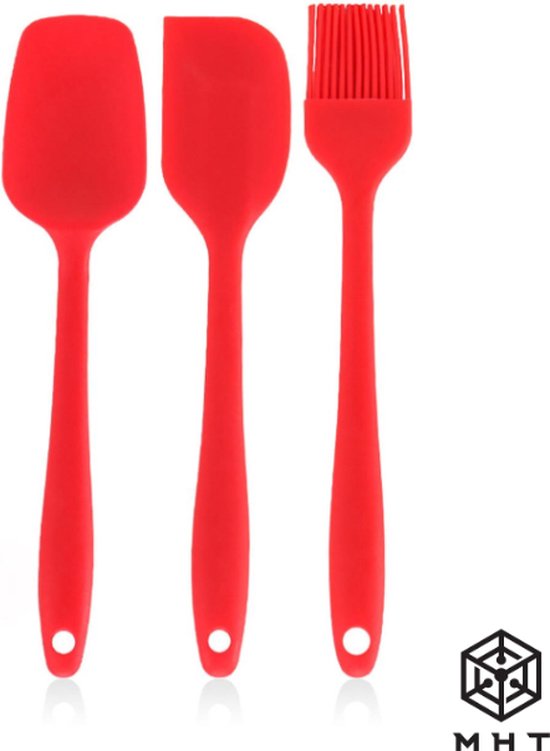 Siliconen Spatelset 3-delig – Spatel, Lepel en Kwast – Rood – BPA-vrij en Hittebestendig – Vaatwasserbestendig Keukengerei