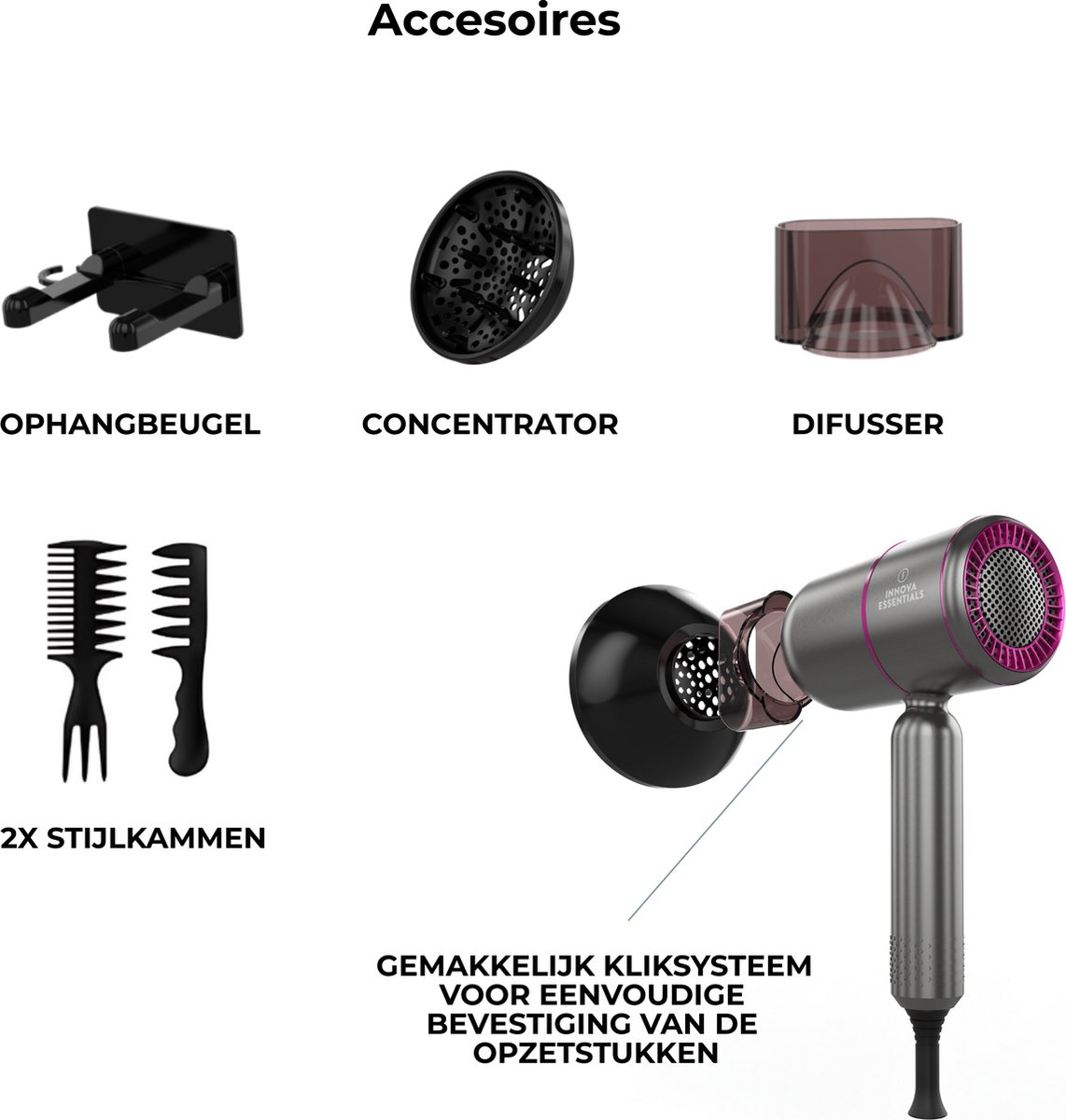 Innova® - Föhn met diffuser - Ionische Haardroger - Inklapbaar - Inclusief 3 opzetstukken - Coolshot Technologie - 3 standen - 2000W - Met Ophangbeugel thumbnail 4