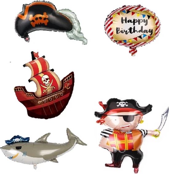 Piraten Ballonnen Set - XL - 56x96cm - Thema feest - Versiering - Piraten - Verjaardag - Folie ballon - Ballonnen - Piraat - Haai - Stoer - Haaien -Leeg - Helium ballon - Piratenschip - Piratenschepen - Kapitein - Schip - Piraten - Haai - Feest