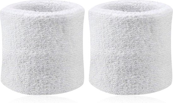 Deux poignets blancs épais en éponge avec une texture tricotée.