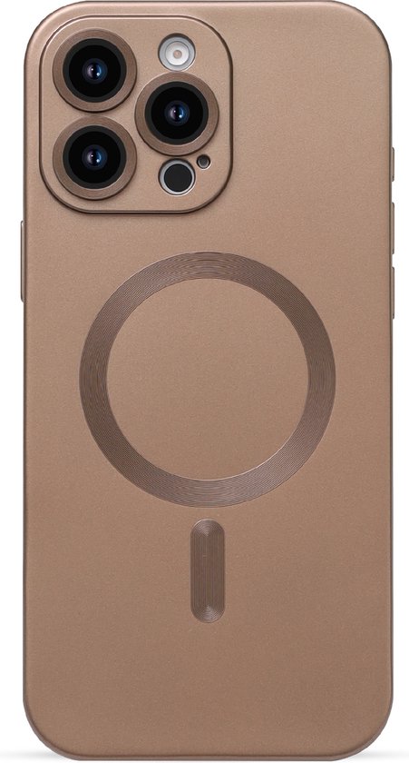 Coque de téléphone bronze pour iPhone 16 Pro, dos en silicone mat, avec compatibilité MagSafe et unité de caméra découpée.