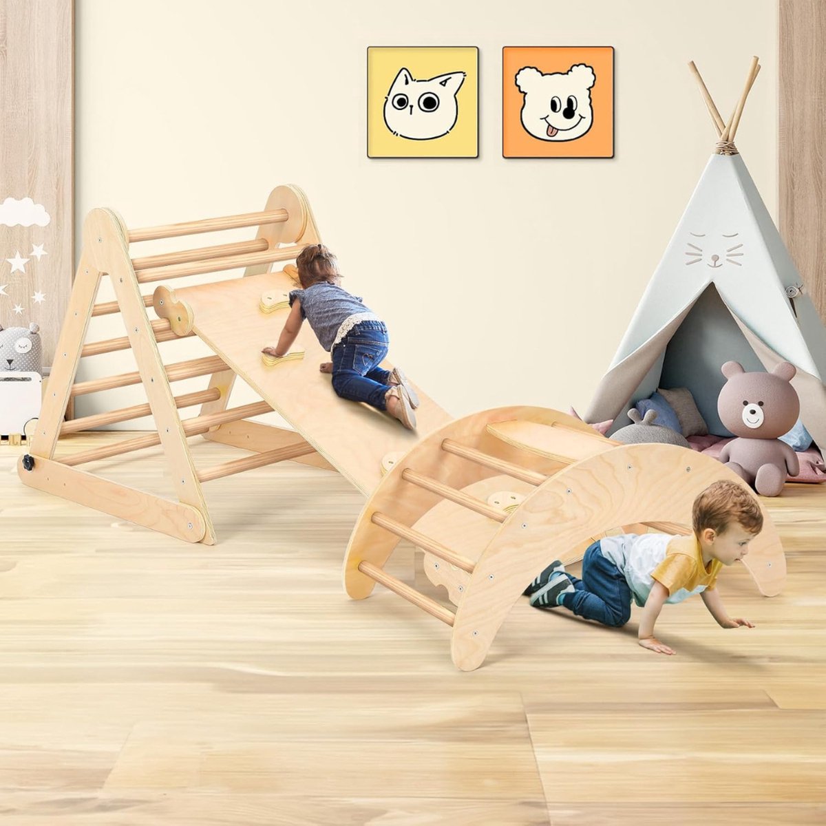 Livista Houten Klimrek XL - Pikler Driehoek met Glijbaan - Klimboog voor Binnen - Baby Speeltoestel - Hout Peuter Speelgoed - Leerzame Klimdriehoek — afbeelding 3