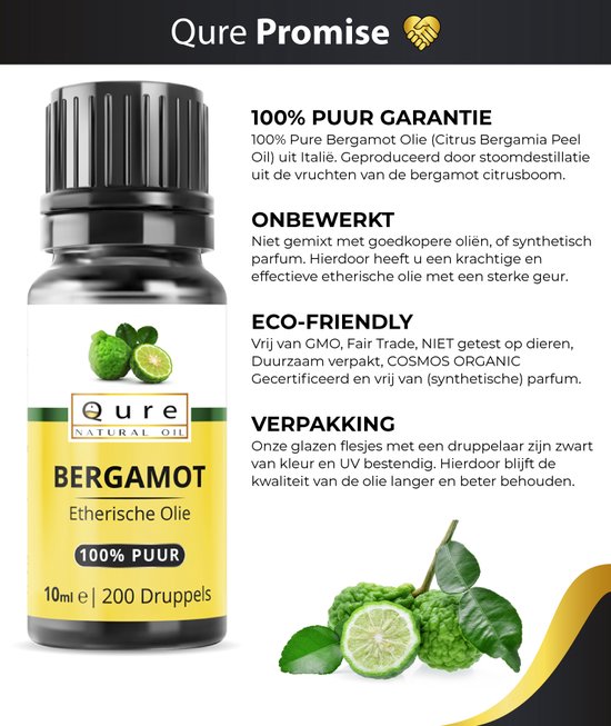 Flesje Qure Bergamot Etherische Olie, 10ml, 100% puur, met tekst over garantie, onbewerkt, eco-friendly en verpakking.