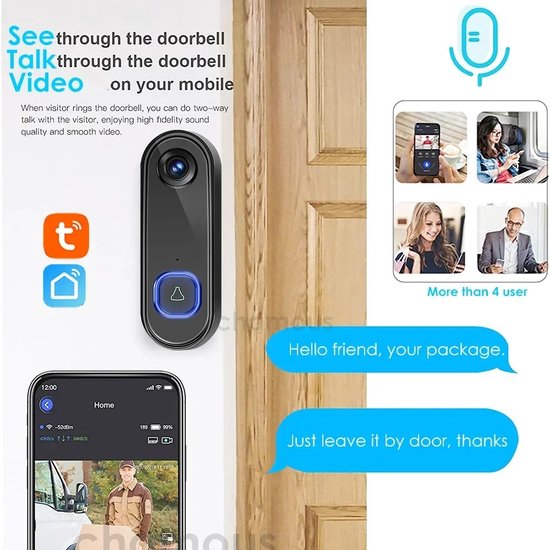 Trovado Video Deurbel met Camera + Wifi - bewegingssensor - Draadloos op Accu - Inclusief Draadloze Gong en 256GB SD Kaart - 1080P - Slimme Deurbel van Merkloos — afbeelding 4