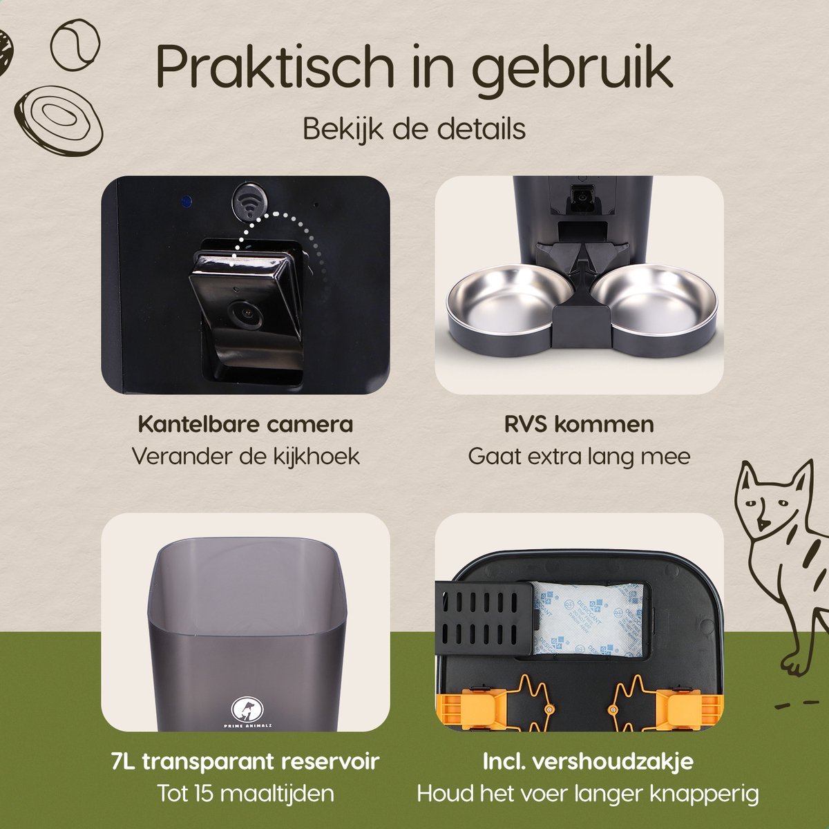 Afbeelding 3 van Prime AnimalZ Automatische Voerbak Kat & Hond 7L – Slimme Voerdispenser met Camera – Full HD 1080P Night Vision – Two-Way Audio – Voerautomaat met App – RVS Dubbele & Enkele Voerbak – Voor Katten & Honden – Met Stoomborstel – Zwart