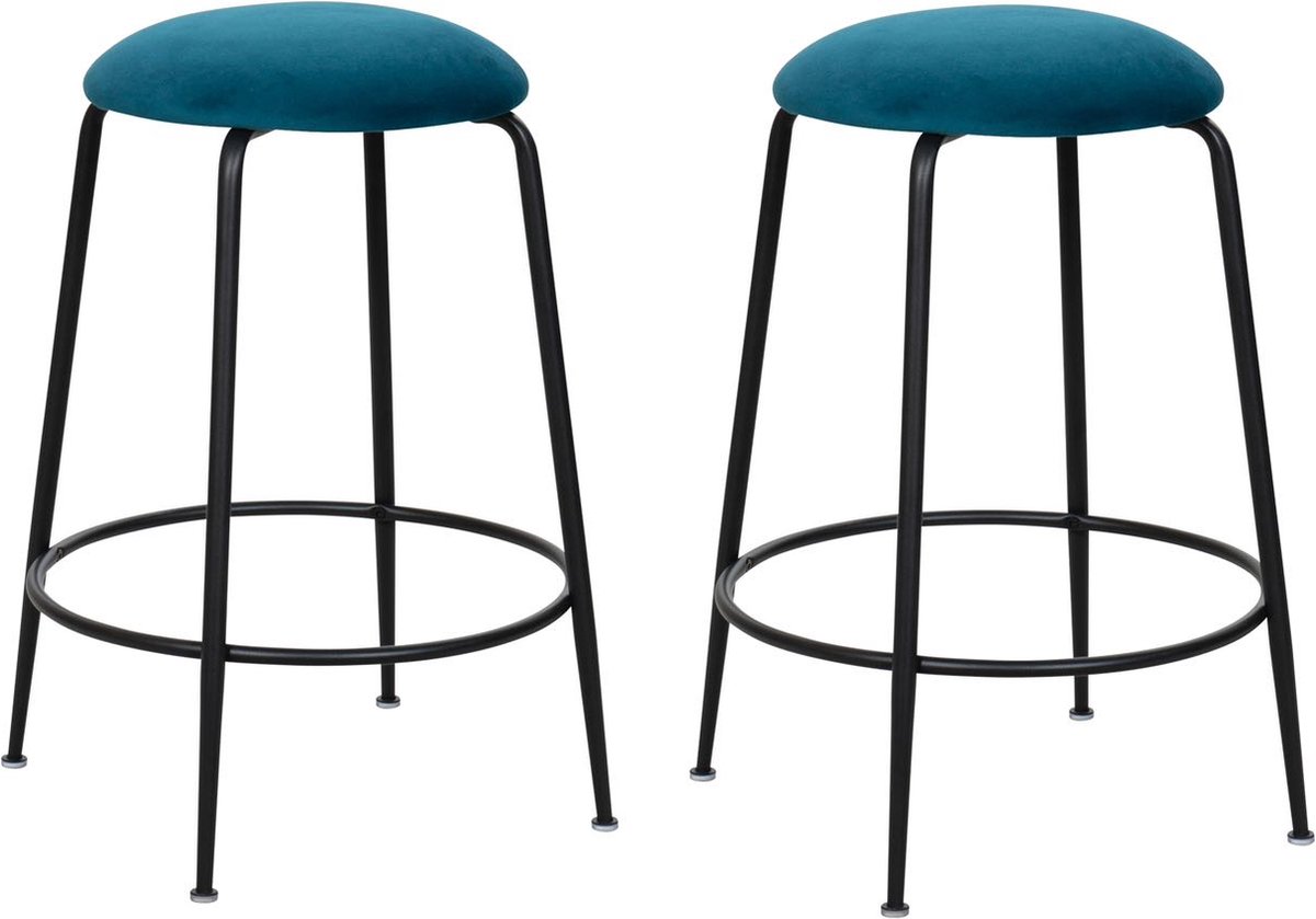 HTfurniture-blauwgroene Barkrukjes set van 2 - Fluweel barkruk - ijzere poeten zwart - Modern