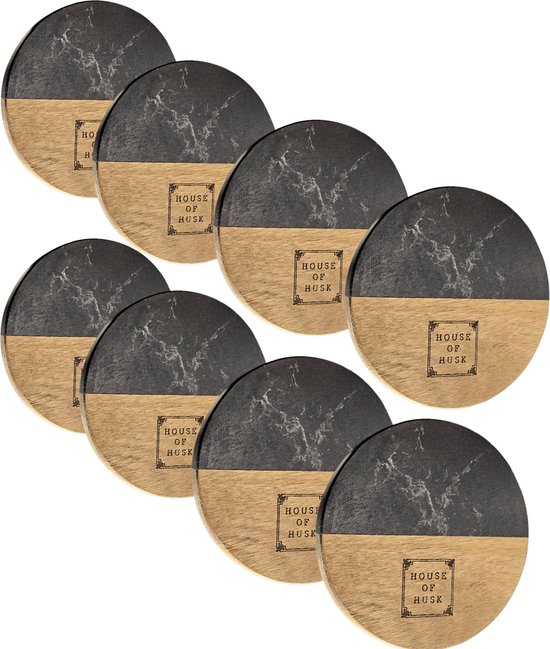 House of Husk Sous-verres – Pierre et Bois – Ensemble de dessous de Verre Look Marbre – Set de 8 – Zwart
